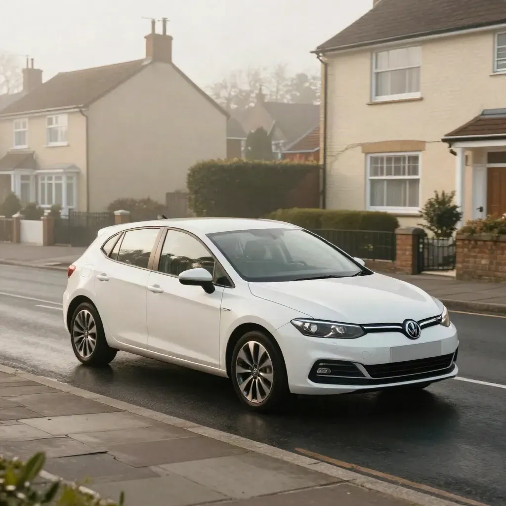 White automatic learner car gliding past a curb in soft morning mist