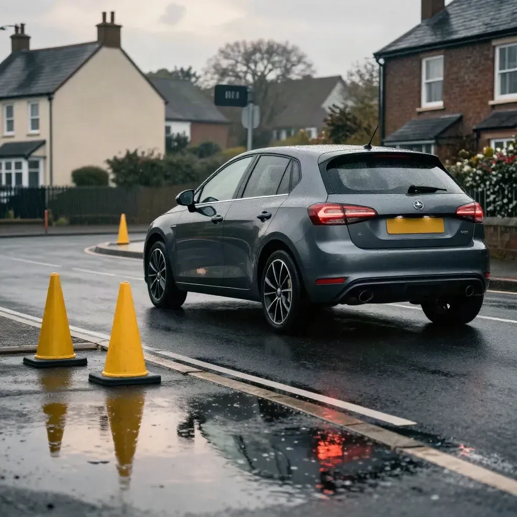 Empty learner hatchback at a wet UK junction beside cones in moody blue-hour light.