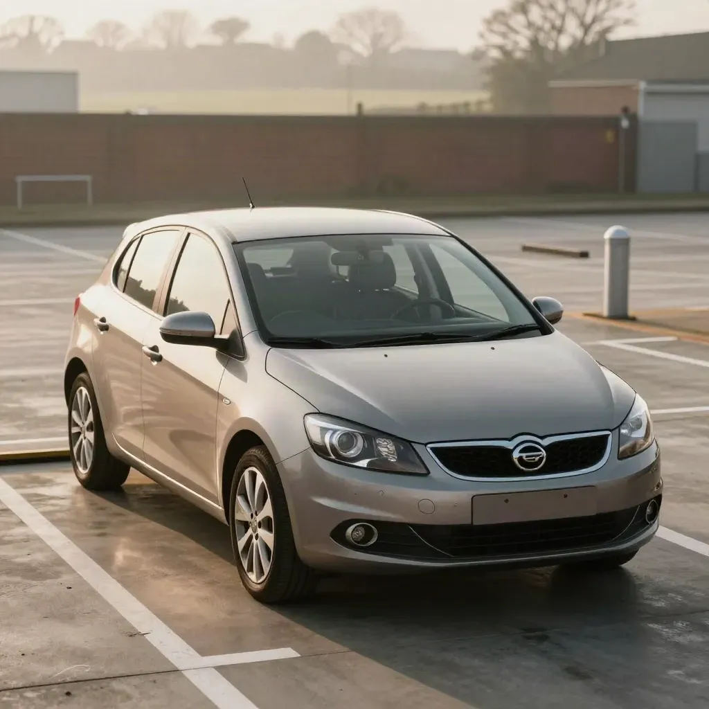 Empty learner hatchback parked neatly in a misty UK test-centre bay at sunrise.