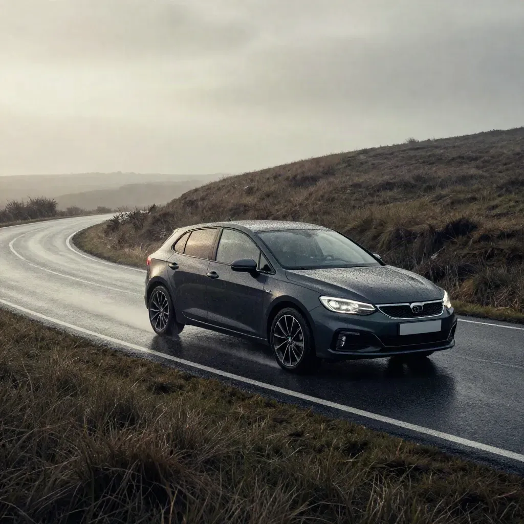 Empty learner hatchback climbs a wet hill road in drizzle, tracks visible, low side angle