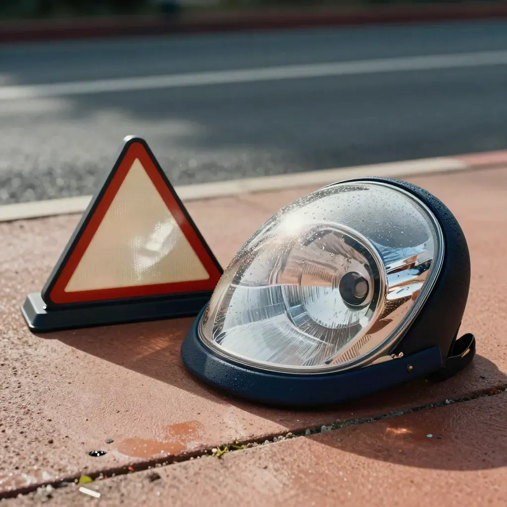 Headlight lens, motorway marker and rain-speckled mirror cap on a wet roadside slab.