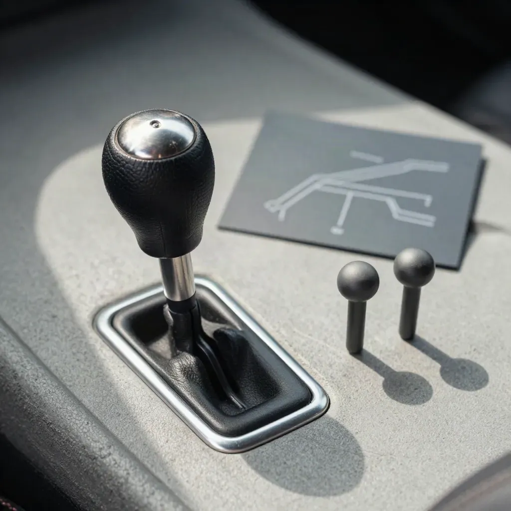 Gear knob, selector insert, and route pegs on concrete with soft daylight.