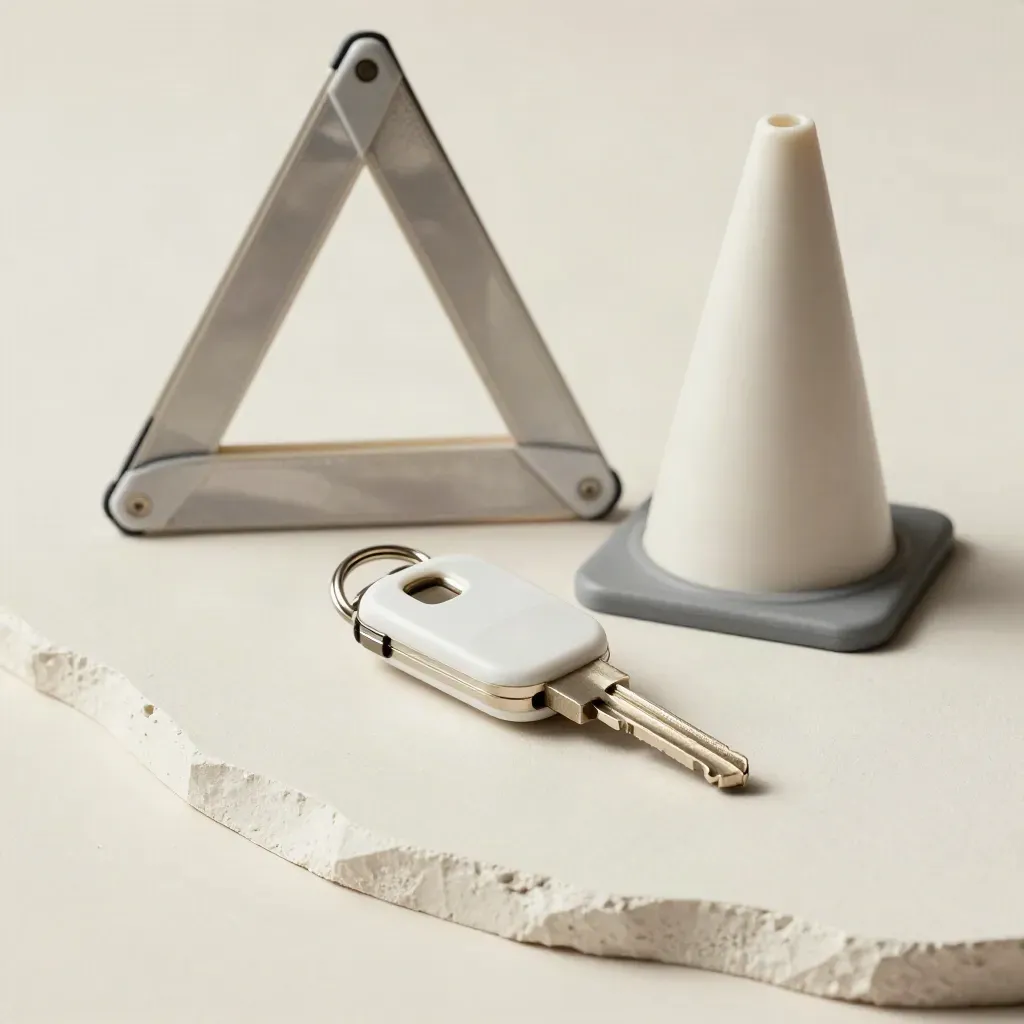 Learner key, folded safety triangle, and practice cone on a plaster sweep