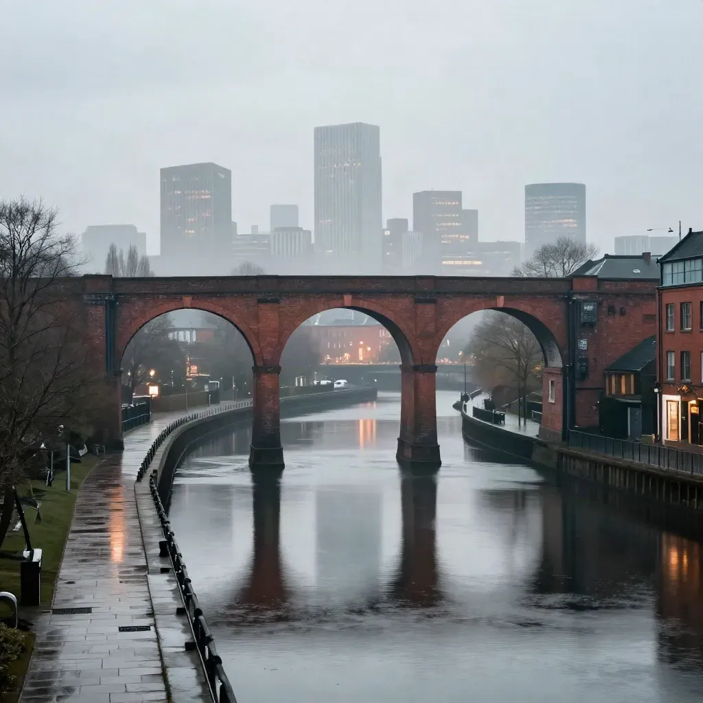 Greater Manchester skyline, red-brick viaduct, canal water, mist, and amber city lights