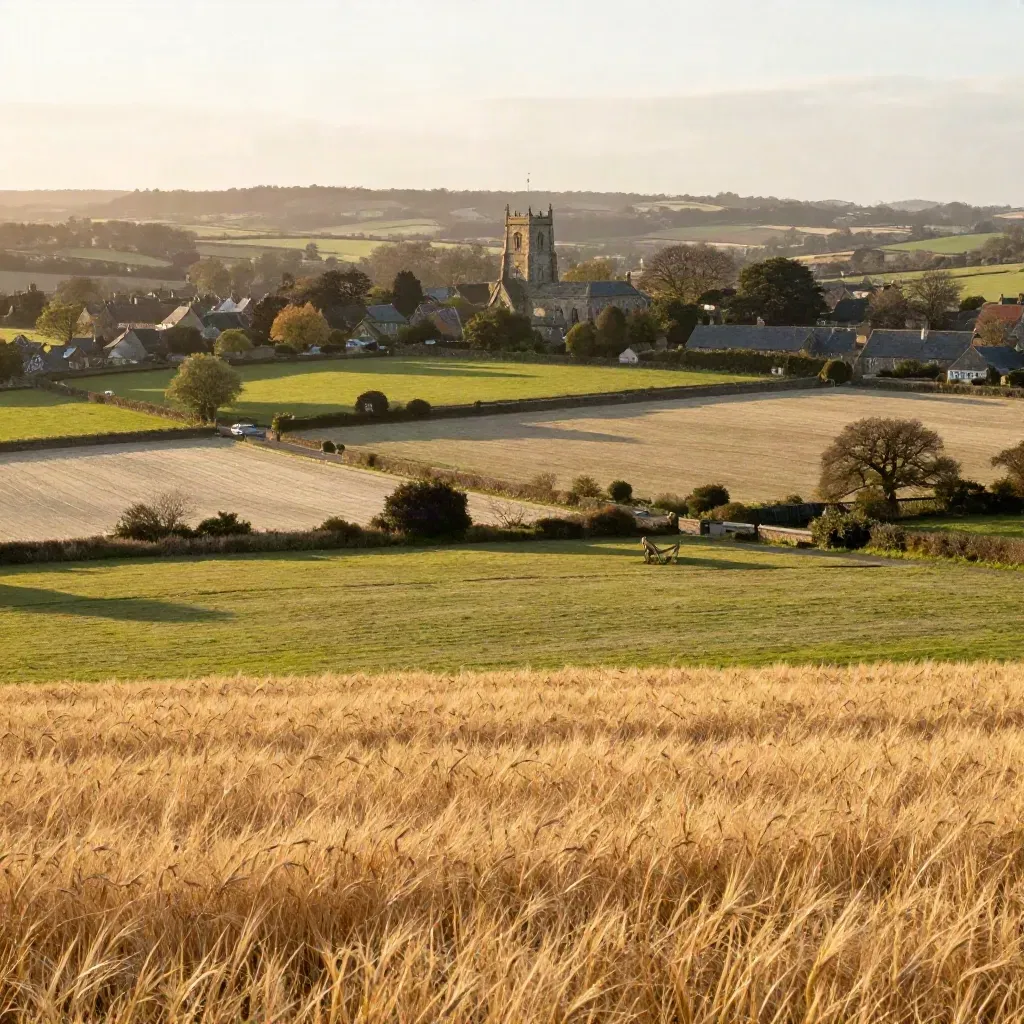 Sunlit Cheshire East fields with a sandstone church tower and hedgerow lanes in warm haze.